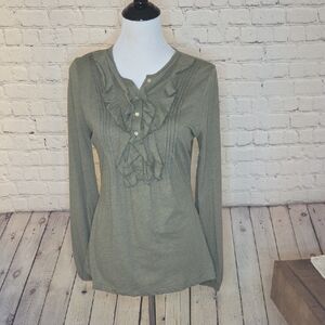 Lauren Ralph Lauren Olive Ruffle-Pintuck Long Sleeve Top